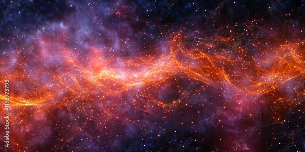 Fototapeta premium Experience a stunning visual of glowing data lines weaving through a cosmic backdrop filled with vibrant colors and shimmering stars.
