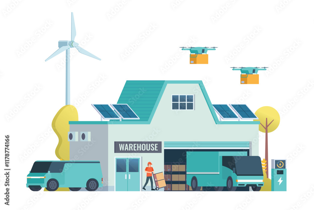 Fototapeta premium Warehouse Building with Green Sustainable Concept, Packed with Logistic Elements like Delivery Truck, Drones, and Electric Cars. Editable Vector Element on White Background