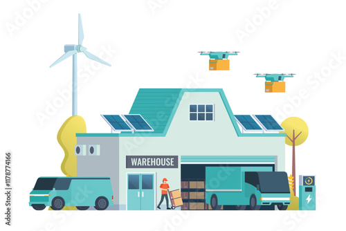 Warehouse Building with Green Sustainable Concept, Packed with Logistic Elements like Delivery Truck, Drones, and Electric Cars. Editable Vector Element on White Background