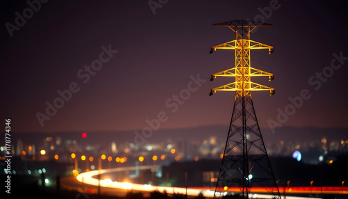 Electricity pylon silhouetted with City night life , Bokeh in the Night with High voltage tower, comic art, with white tones photo