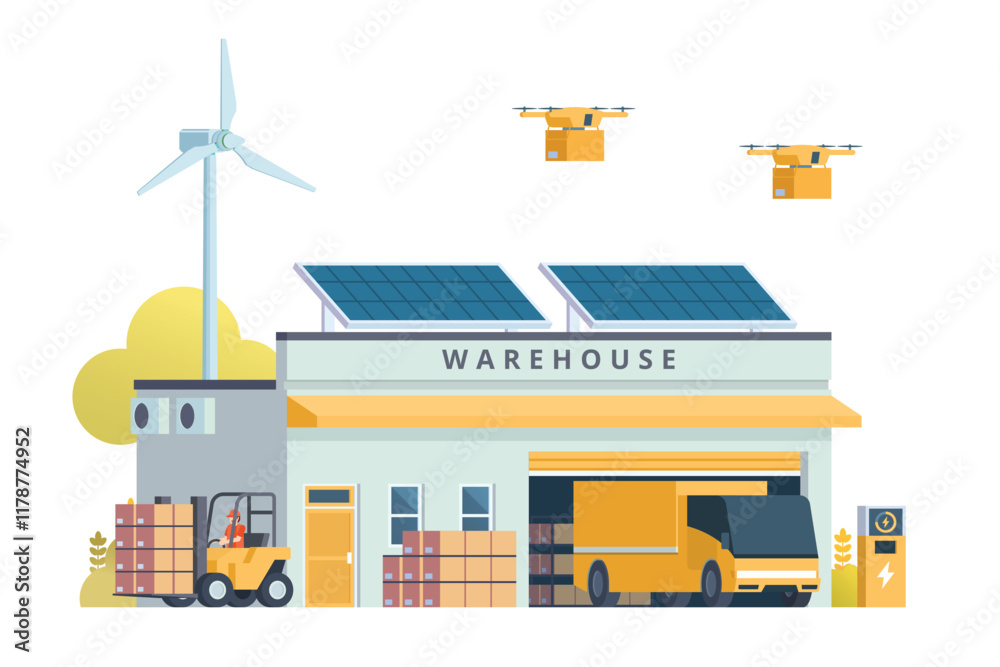 Naklejka premium Warehouse Building with Green Sustainable Concept, Packed with Logistic Elements like Delivery Truck, Drones, and Electric Cars. Editable Vector Element on White Background