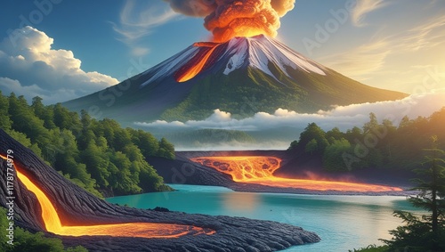 Powerful Volcano with Molten Lava Illuminating the Landscape photo