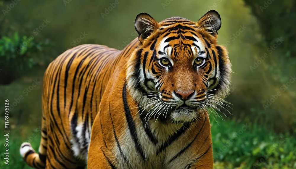 Majestic tiger in lush forest setting, focused gaze. Majestic tiger in lush forest setting, focused gaze.