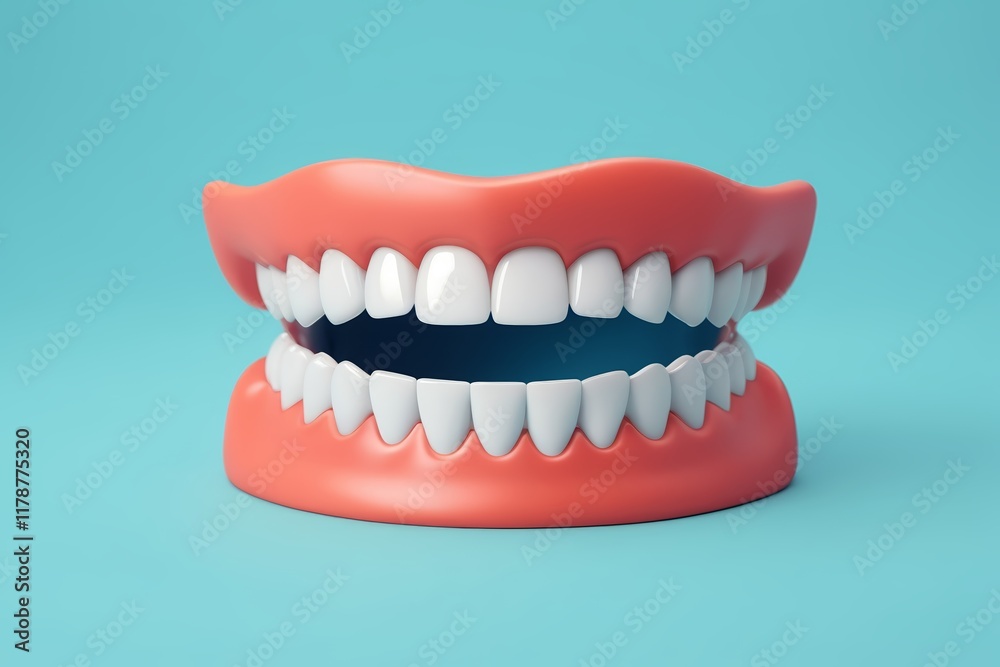 Obraz premium there is a red plastic mouth with white teeth on a blue background