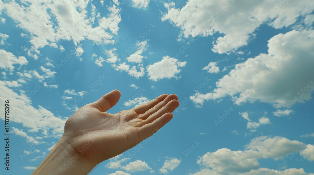 Reaching hand against bright blue sky filled with fluffy clouds Reaching hand against bright blue sky filled with fluffy clouds
