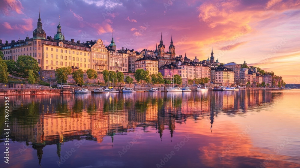 A scenic waterfront view at sunset, showcasing colorful buildings and reflections in the water.