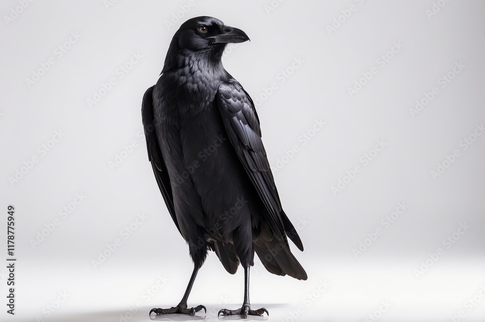 Fototapeta premium A black crow stands on a white background, viewed from the side, showcasing its sleek feathers and sharp beak.