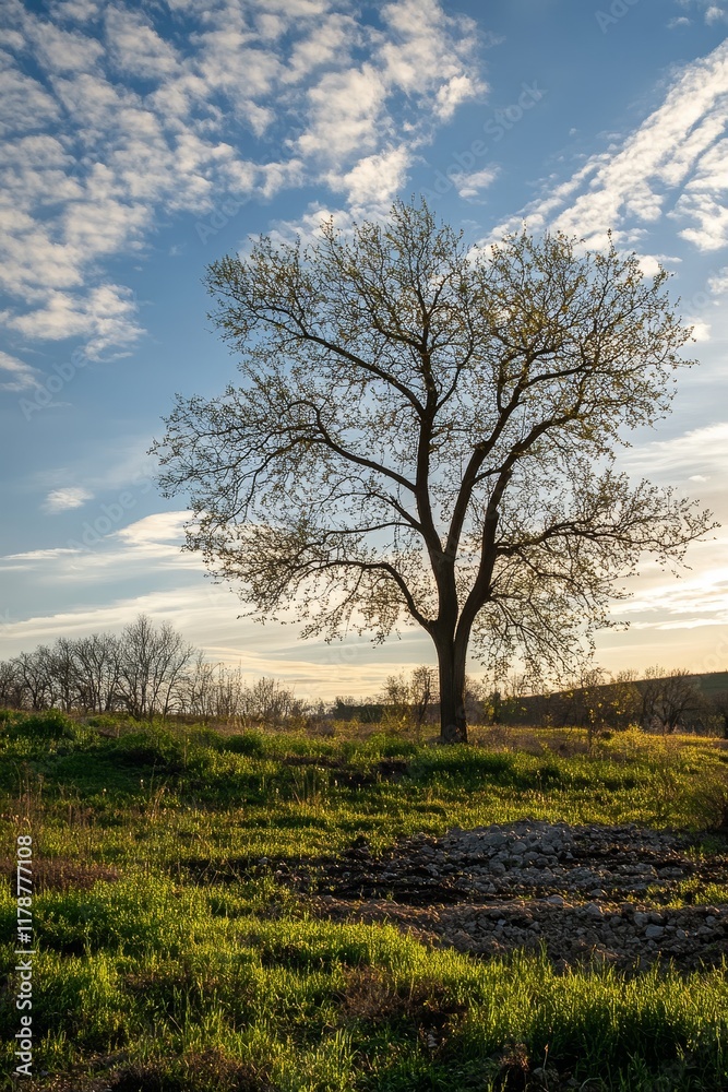 A solitary tree stands tall in a tranquil field, silhouetted by a colorful sunset sky, capturing the essence of nature's beauty. A solitary tree stands tall in a tranquil field, silhouetted by a colorful sunset sky, capturing the essence of nature's beauty.