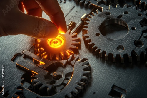 close-up of hand placing glowing gear into larger mechanism symbolizing finding perfect fit photo