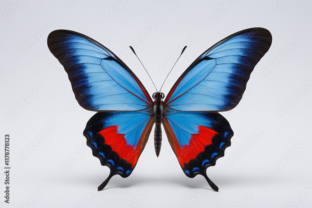 Obraz premium a close up of a blue and red butterfly on a white background