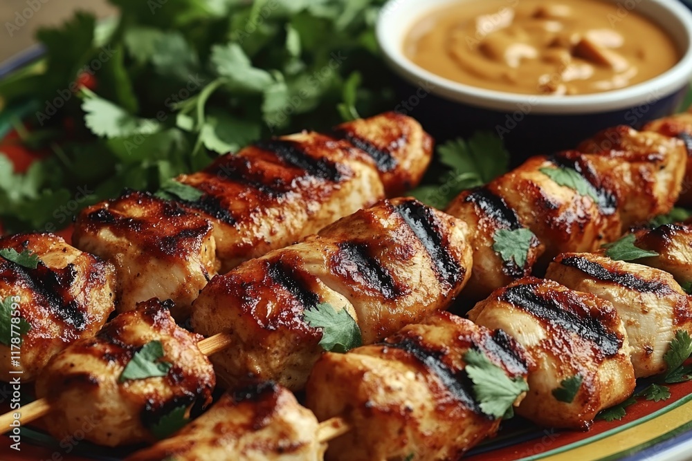colorful close-up of chicken satay skewers served with peanut dipping sauce arranged on platter with fresh herbs and colorful close-up of chicken satay skewers served with peanut dipping sauce arranged on platter with fresh herbs and