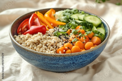 colorful buddha bowl with vibrant vegetables and grains set on light-colored tablecloth with soft natural lighting photo