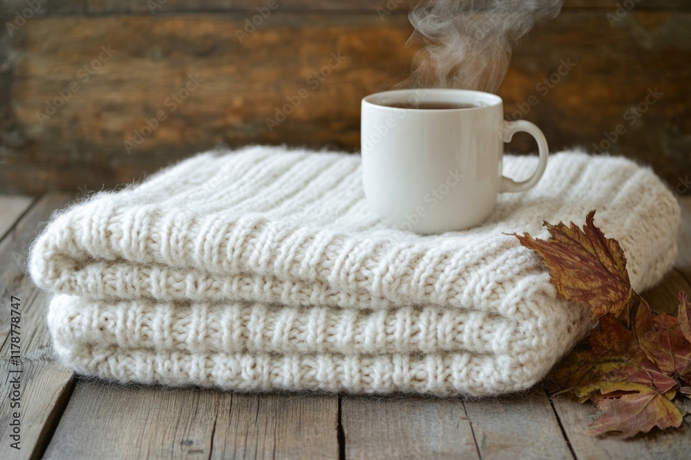 cozy knitted blanket folded on rustic wooden surface paired with steaming mug of tea cozy knitted blanket folded on rustic wooden surface paired with steaming mug of tea