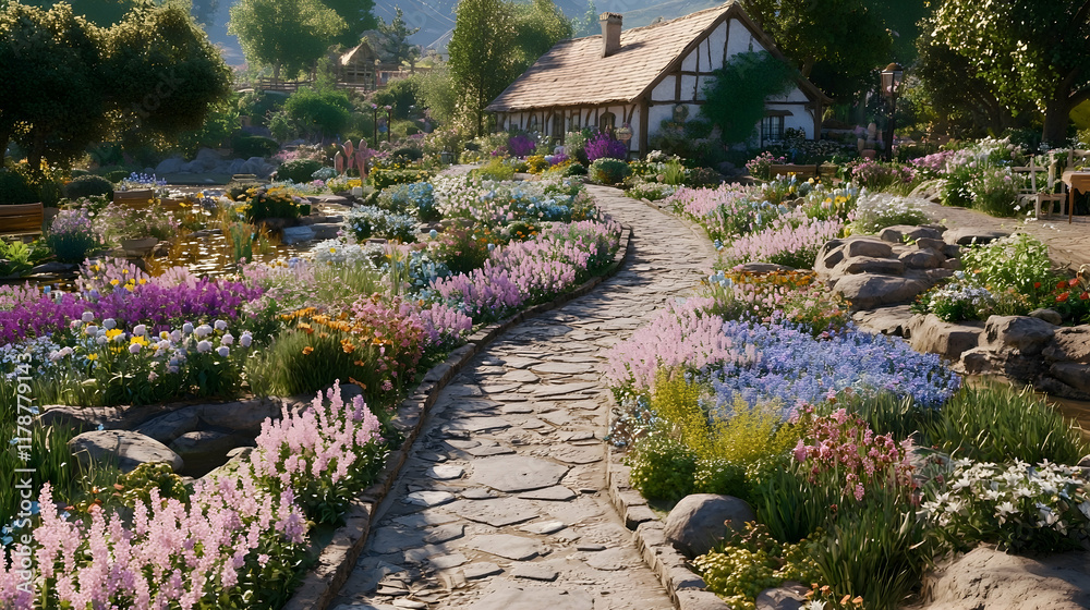 Fototapeta premium Idyllic Cottage Garden Path, Winding Stone Walkway, Blooming Flowers, Rural Landscape, Website Banner.