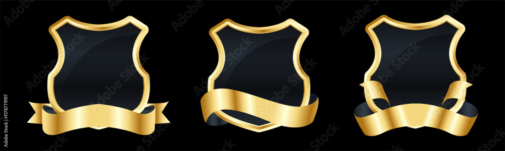 Set of Golden shield with ribbons. Gold ribbon banners. Ribbon elements. Modern Luxury ribbons collection. isolated on dark background. Vector illustration eps 10 Set of Golden shield with ribbons. Gold ribbon banners. Ribbon elements. Modern Luxury ribbons collection. isolated on dark background. Vector illustration eps 10