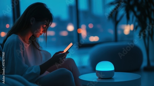 Cozy Evening Moment Young Woman Using Phone Modern Light Decor photo