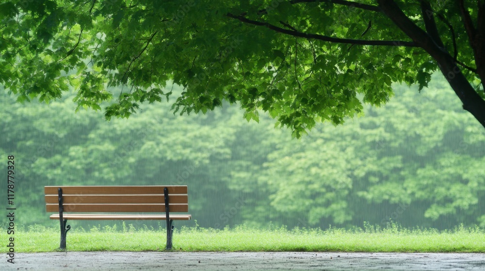 Tranquil Park Bench Under A Lush Green Tree During Rainy Day Tranquil Park Bench Under A Lush Green Tree During Rainy Day