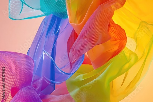 creative scene featuring overlapping translucent fabrics in vibrant colors arranged against soft gradient with copy