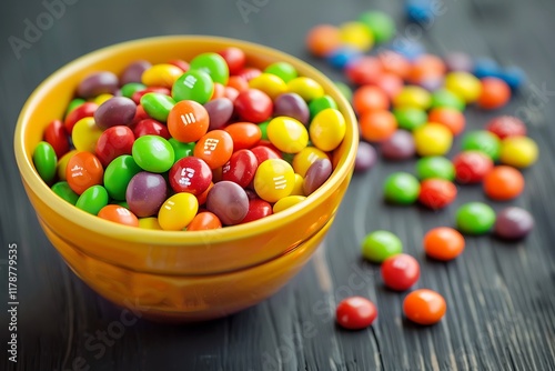 A bowl of brightly colored Skittles, with some candies spilling over onto the table photo