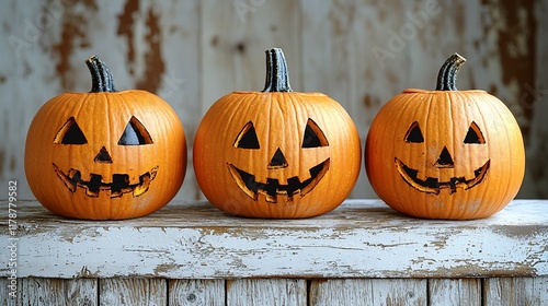 Three Jack-o'-lanterns on Rustic Wooden Surface photo