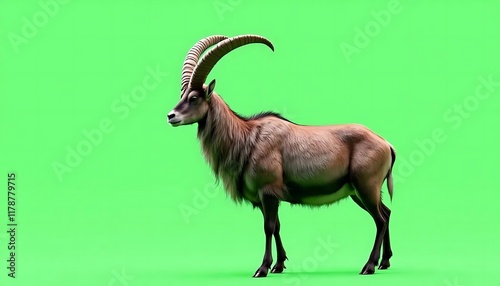 Majestic Markhor: A Detailed Profile Against Green photo