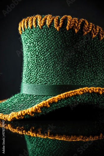 detailed shot of leprechaun hat with intricate stitching resting on reflective black surface photo