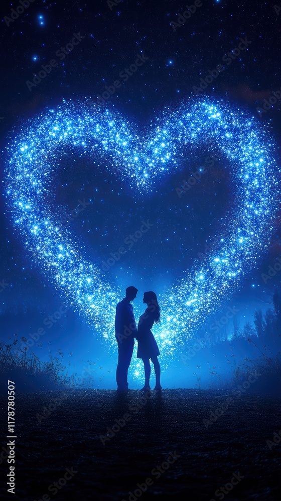 Fototapeta premium A dreamy silhouette of a couple stands together beneath a glowing heart formed by stars. The soft blue light creates a romantic atmosphere for Saint Valentine's Day
