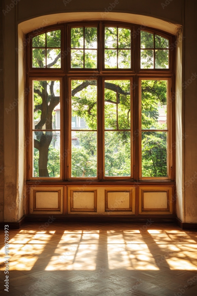 Fototapeta premium A beautiful large window adorned with wooden frames allows sunlight to flood the interior space, casting intricate shadows on the floor while overlooking green trees.