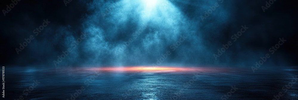 Fototapeta premium Ethereal Blue Light Over Wet Asphalt Reflecting a Dramatic Scene Captured in a Gloomy Atmosphere with a Mysterious Vibe