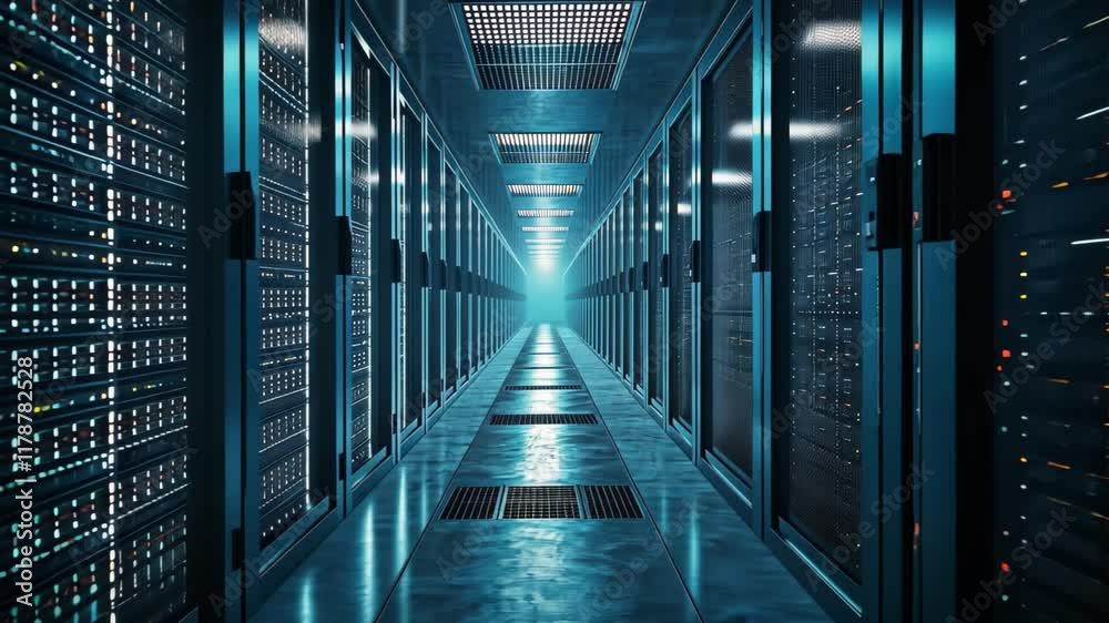 This video captures a long hallway filled with rows of servers, showcasing the technological infrastructure of a data center, Subtle, minimalistic portrayal of a data warehouse