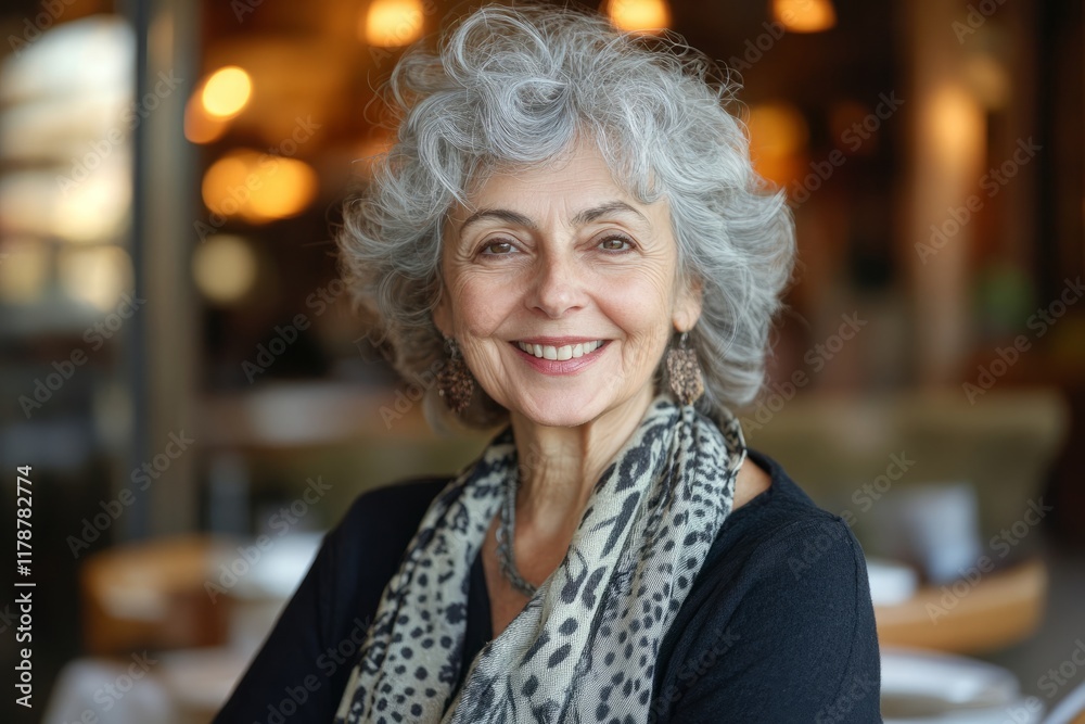 Smiling elderly woman with gray hair sitting at table with cup of coffee in cozy cafe Smiling elderly woman with gray hair sitting at table with cup of coffee in cozy cafe