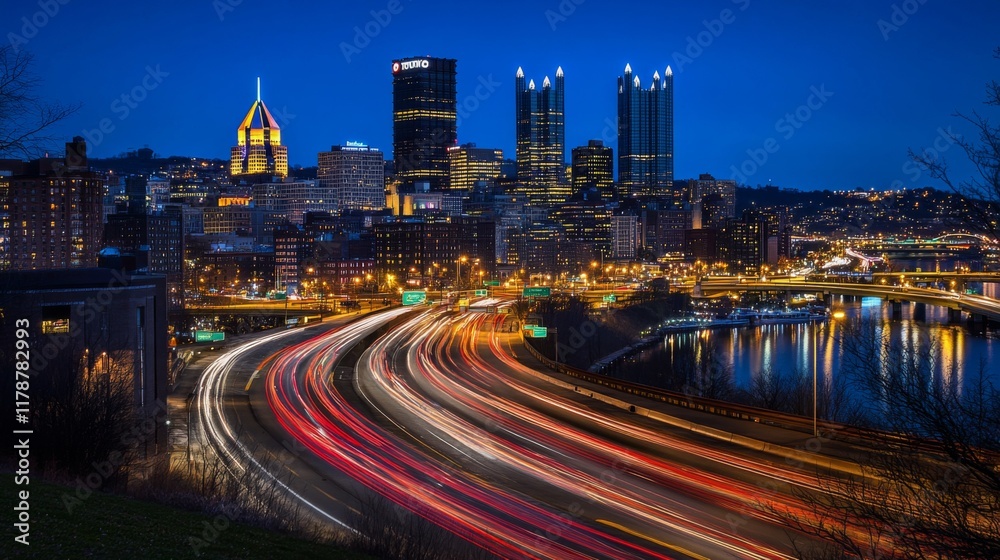 A scenic view of a bustling highway at night, with streams of car lights creating vibrant trails against the dark backdrop of a city skyline, showcasing urban transportation A scenic view of a bustling highway at night, with streams of car lights creating vibrant trails against the dark backdrop of a city skyline, showcasing urban transportation