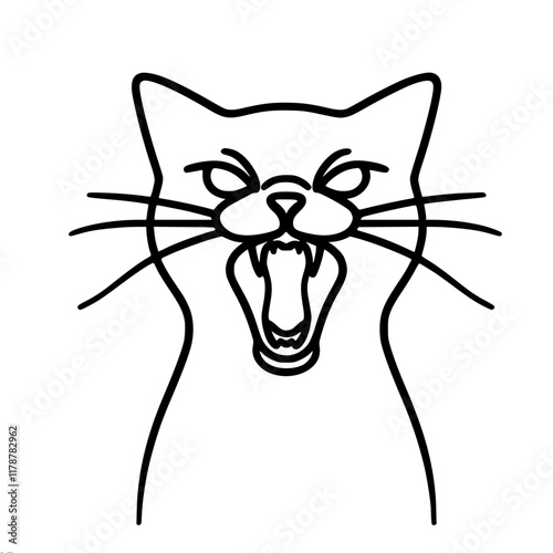 Simple contour one line vector drawing of a hissing cat on a white background, minimalistic design
