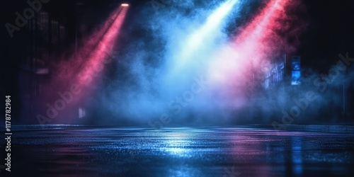 Atmospheric scene featuring wet asphalt with colorful lights and reflections creating a moody ambiance in an urban environment