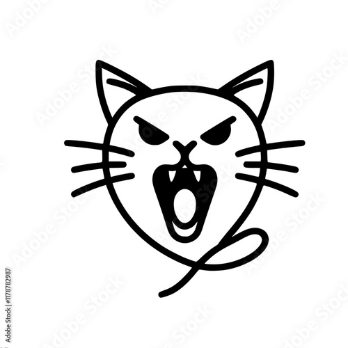 Simple contour one line vector drawing of the head of an angry toothy cat on a white background, minimalistic design
