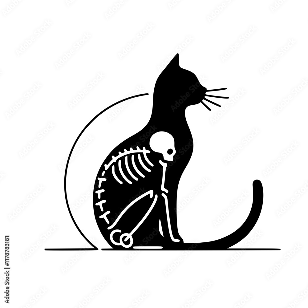 Single line vector contour minimalistic image of a sitting black cat with a skeleton inside, black lines on a white background