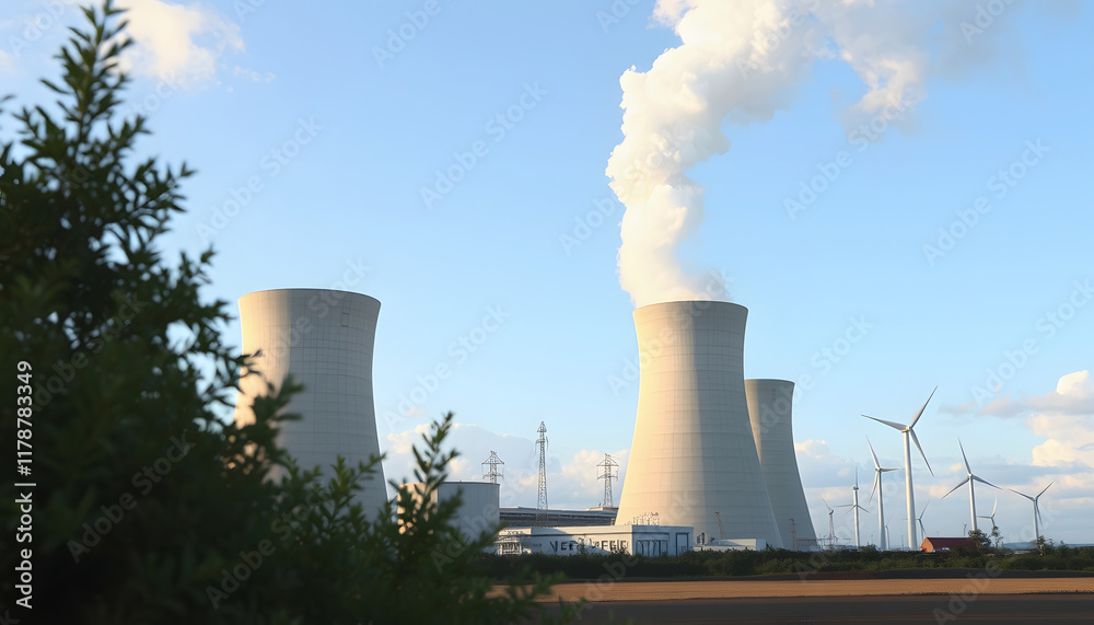 Clean energy powerplant, dinamic scene, with white tones