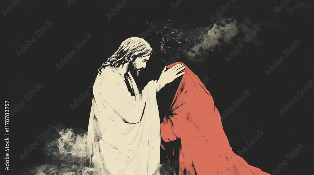 A minimalist, illustrative style with soft, muted tones. Jesus, dressed in white with a red robe, gently cleans the face of a person shrouded in darkness and soot A minimalist, illustrative style with soft, muted tones. Jesus, dressed in white with a red robe, gently cleans the face of a person shrouded in darkness and soot