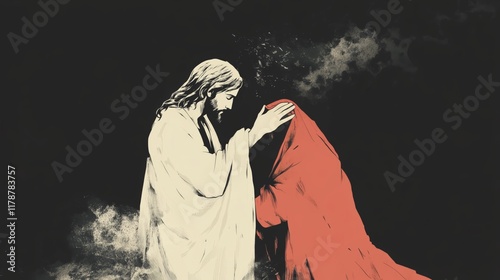 A minimalist, illustrative style with soft, muted tones. Jesus, dressed in white with a red robe, gently cleans the face of a person shrouded in darkness and soot