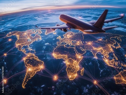 Airplane flying over illuminated world map showing international trade routes