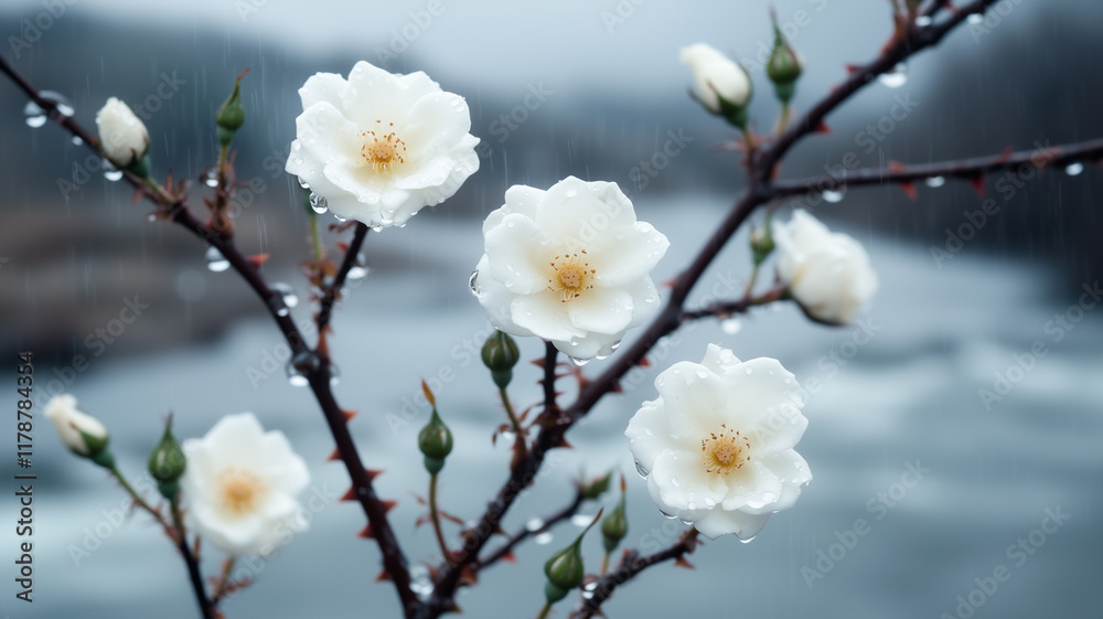 A delicate white flower blooms despite the gentle rain, droplets clinging to its branch, capturing a serene moment of nature’s quiet resilience.
A delicate white flower blooms despite the gentle rain, droplets clinging to its branch, capturing a serene moment of nature’s quiet resilience.