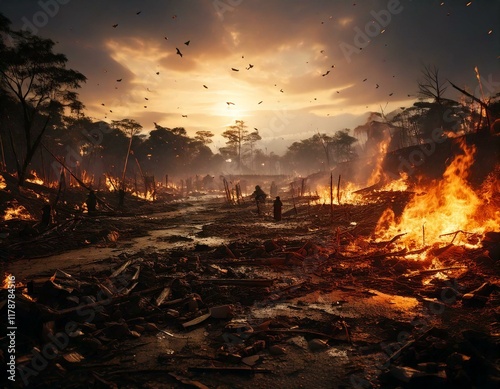 燃える戦国時代の合戦場