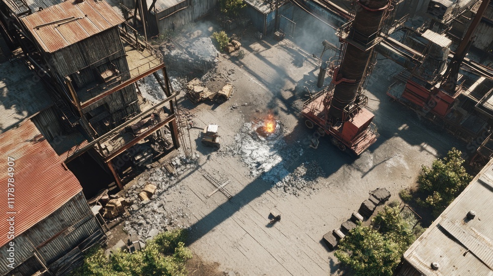 Aerial view of a deserted, industrial wasteland with remnants of buildings, machinery, and debris. Aerial view of a deserted, industrial wasteland with remnants of buildings, machinery, and debris.