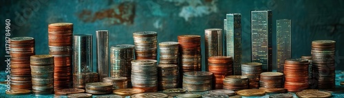 Vibrant composition of coins transforming into skyscrapers, symbolizing urban development through hedge funds