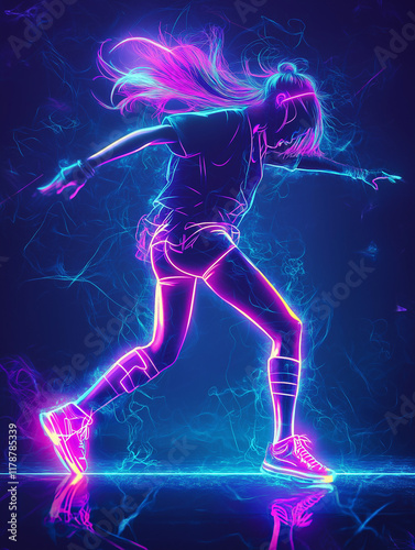 Energetic Neon Silhouette of a Woman Dancing in Vibrant Colored Lights