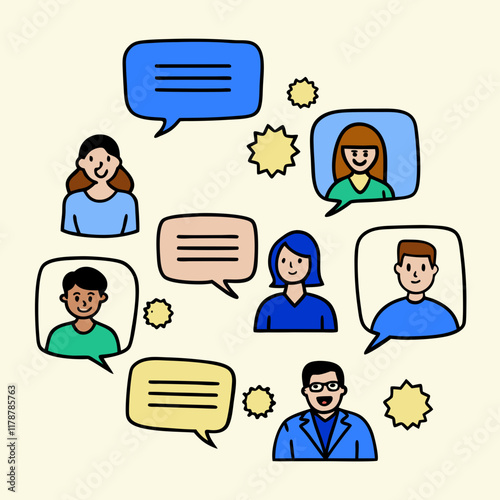 Connecting with Diverse Voices: A vibrant illustration of a diverse group of individuals engaged in a lively discussion, represented by speech bubbles.