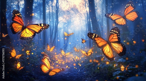 Fireflies and butterflies in single file, their glowing and colorful wings lighting up the dense, enchanted forest, where the trees seem alive with magic. photo