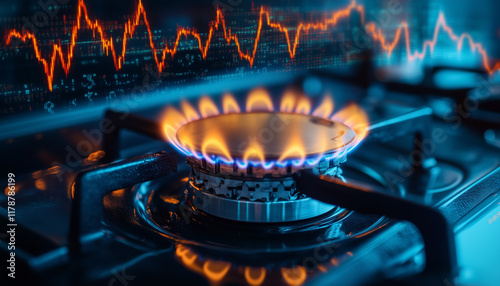 gas burner with flames and price chart in background