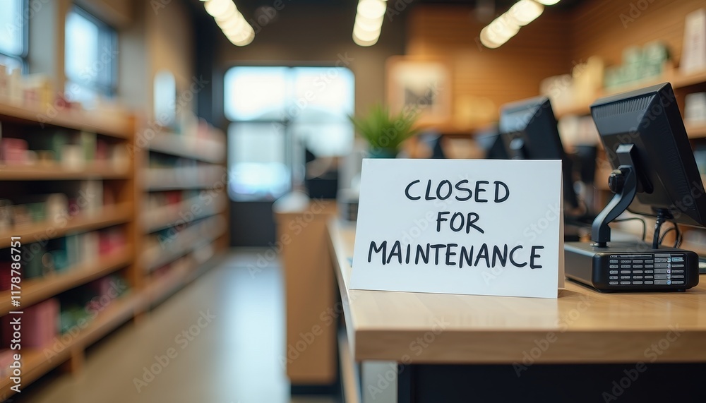 A retail store interior, the checkout counter with a handwritten sign: CLOSED FOR MAINTENANCE. A retail store interior, the checkout counter with a handwritten sign: CLOSED FOR MAINTENANCE.