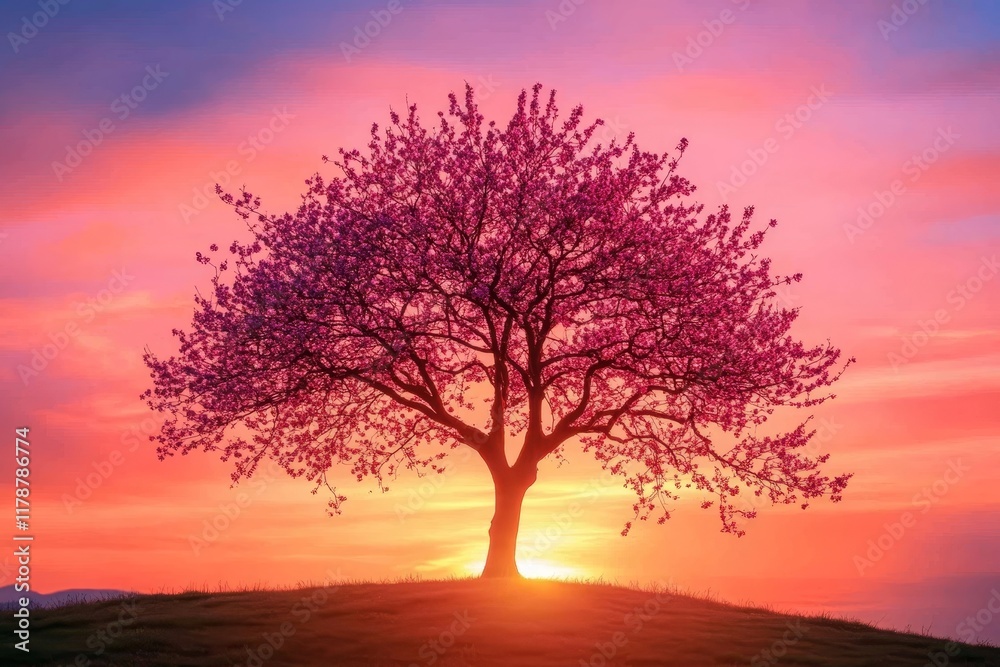 A stunning cherry blossom tree stands alone on a hill, beautifully silhouetted against a colorful sunset sky. A stunning cherry blossom tree stands alone on a hill, beautifully silhouetted against a colorful sunset sky.